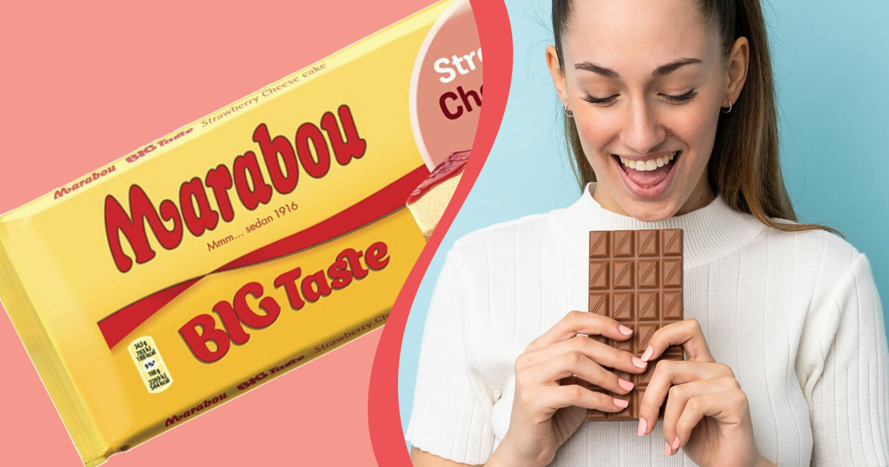 Delad bild som visar kvinna som äter choklad och Marbous nyhet Strawberry Cheesecake.