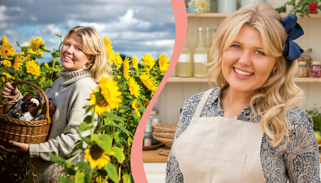Delad bild. Till vänster en bild på Hilda Kirkhoff i ett solrosfält med en picknickkorg i famnen ur hennes receptbok. Till höger en bild henne från inspelningarna av Hela Sverige bakar 2020 som hon vann.