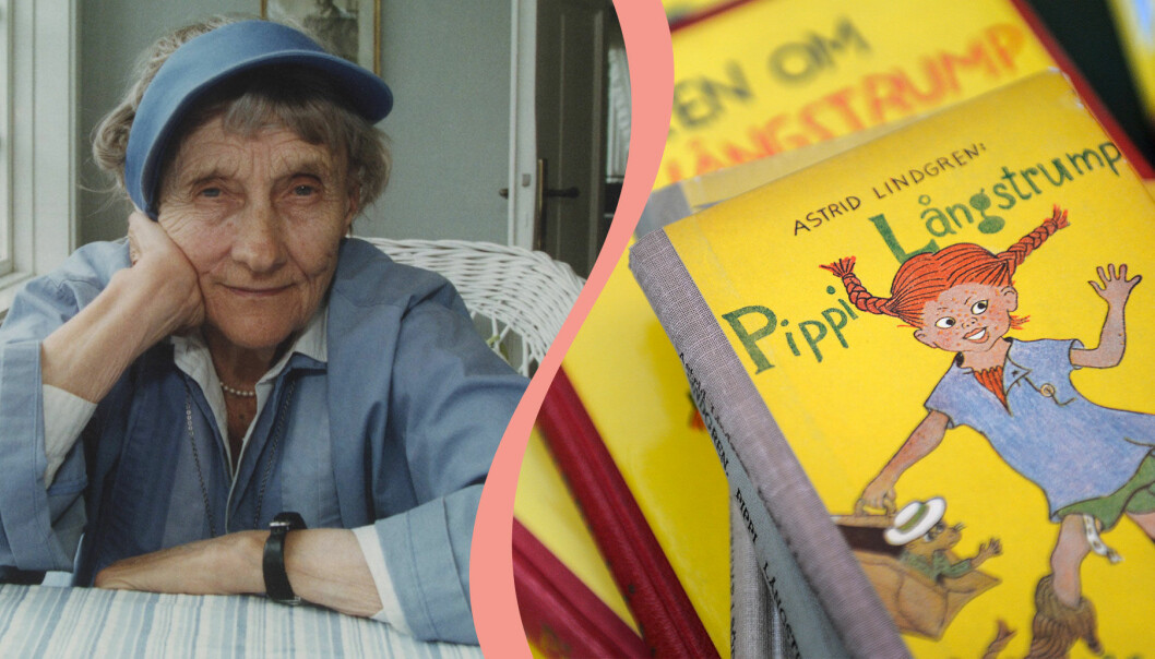 Delad bild. Till vänster syns Astrid Lindgren som sitter i en vit korgstol och lutar huvudet i handen. Till höger syns en trave gamla Pippi Långstrump-böcker.
