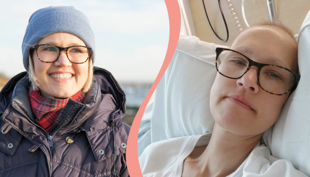 Delad bild. Till vänster syns Ebba Hjertstedt på stranden i Falsterbo. Till höger syns hon i en sjukhussäng två dagar efter sina canceroperation.
