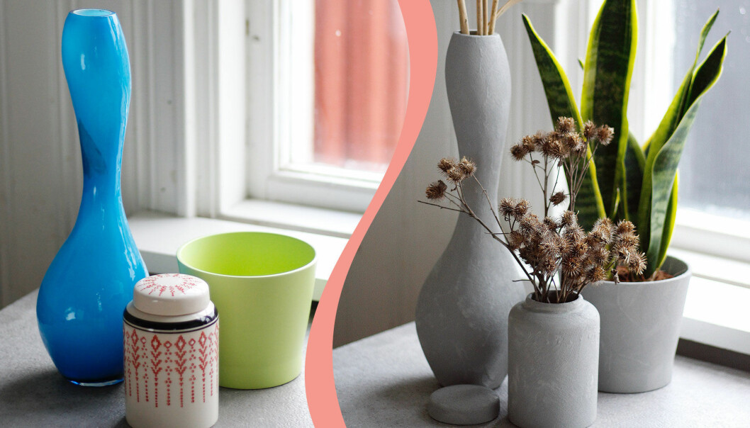 Delad bild. Till vänster syns en vas, en kruka och en porslinsburk på ett bord. Till höger syns samma föremål men ommålade med en blandning av bikarbonat och väggfärg, enligt Ekotipsets knep.