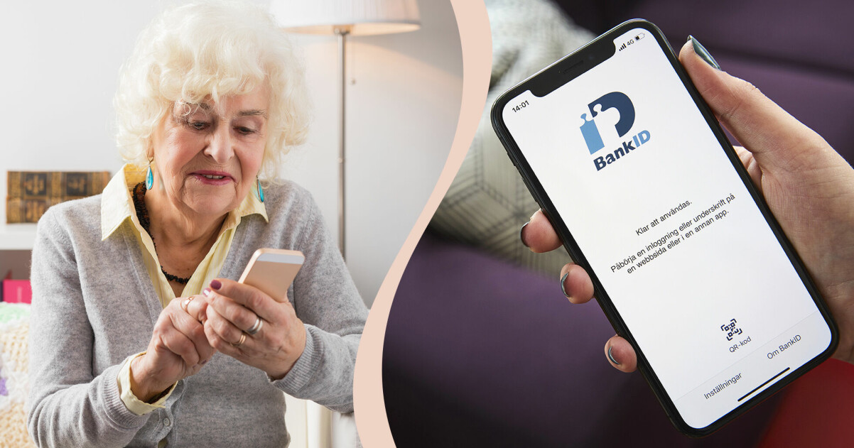 Till vänster: Äldre kvinna med vitt kort hår sitter med en mobiltelefon i handen. Till höger: Mobil i närbild som har uppe appen Mobilt BankID.