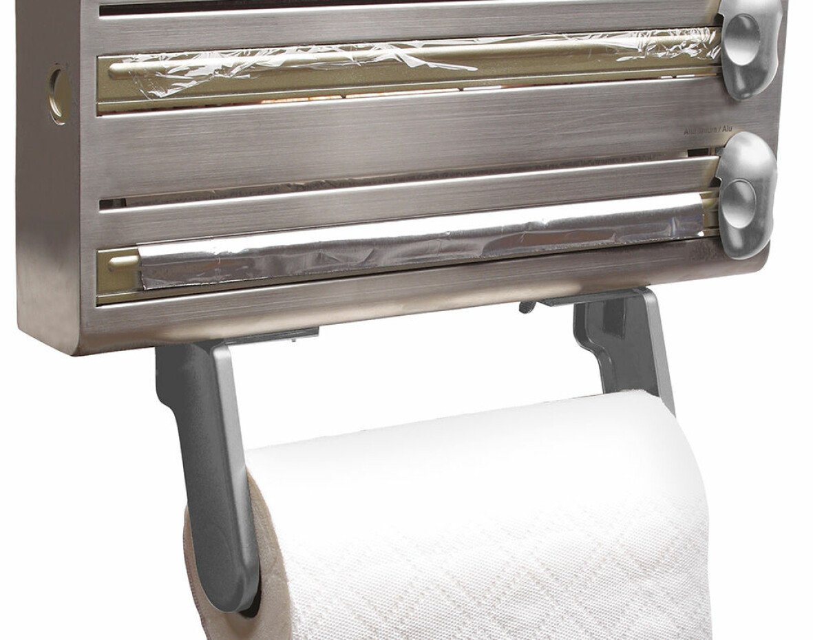 Dispenser för aluminiumfolie, plastfolie och hushållspapper.