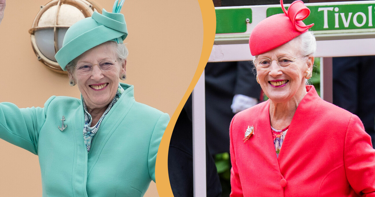 Två bilder av drottning Margrethe av Danmark. Till vänster vinkar hon, till höger besöker hon Tivoli.
