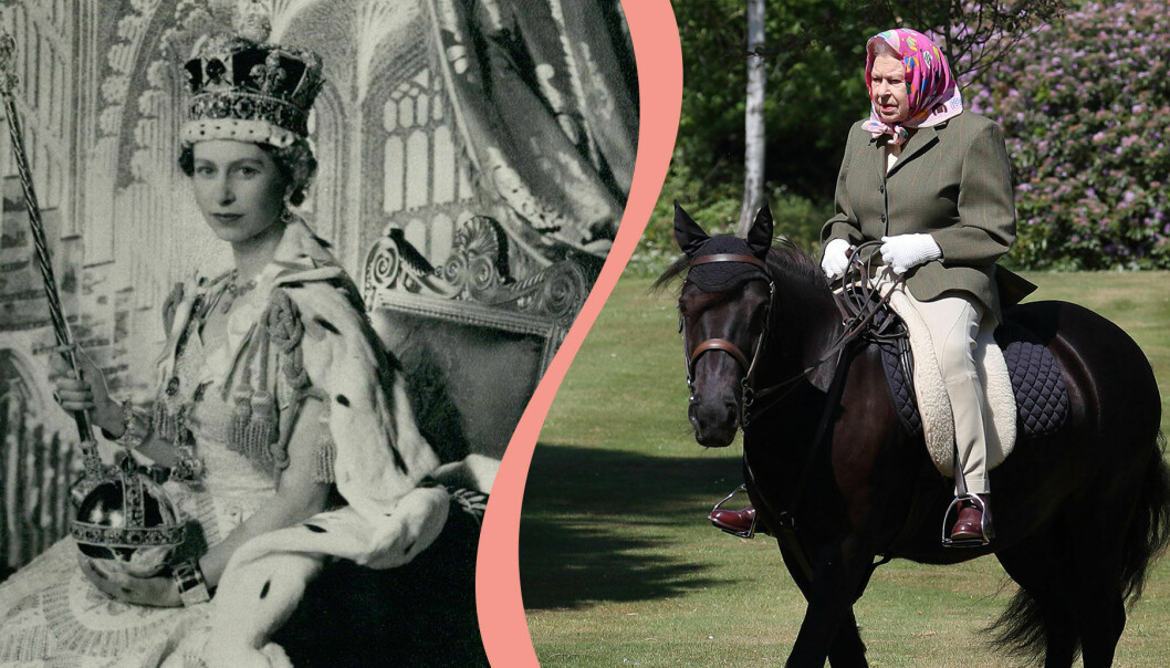 Delad bild. Till vänster drottning Elizabeth under sin kröning 1953. Till höger drottningen på en häst.