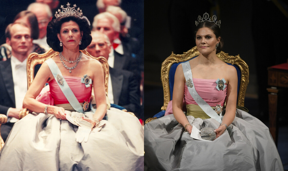 Drottning Silvia och kronprinsessan Victoria i Nobelklänningar