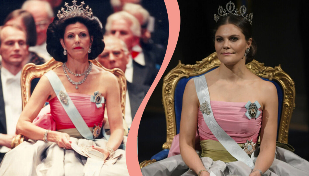 Drottning Silvia till vänster och Kronprinsessan Victoria till höger i samma klänning.