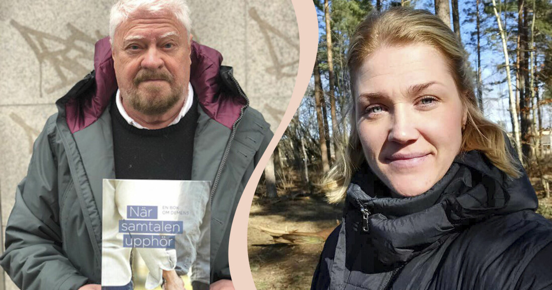 Till vänster: Författaren Anders Post som håller i boken <i>När samtalen upphör</i>. Till höger: Porträttbild på Elina, som står ute i skogen och har på sig en svart dunjacka.