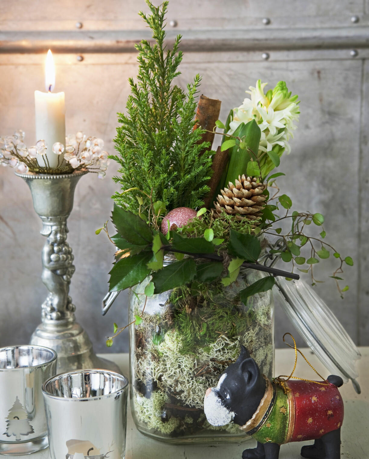 En glasburk fylld med mossa och julblommor.