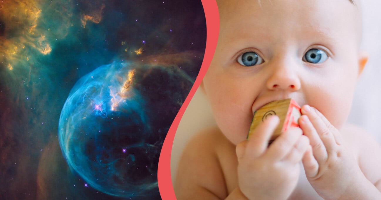 En kombinerad bild av rymden och ett litet barn