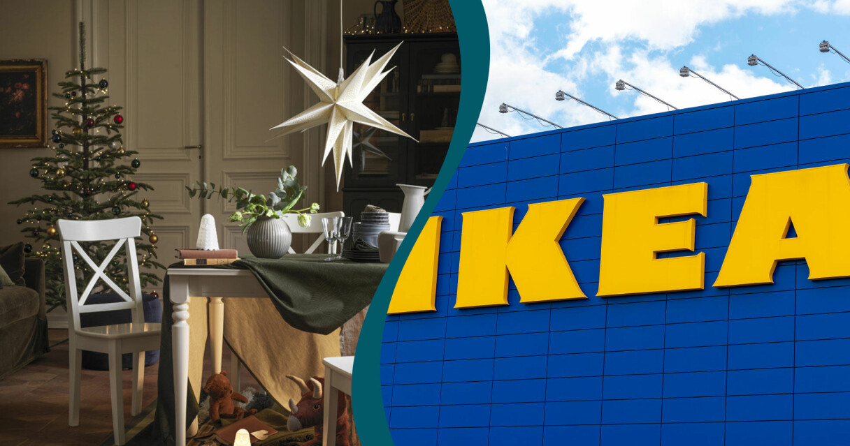 En kombinerad bild på delar Ikeas julkollektion och en stor Ikea-logga.