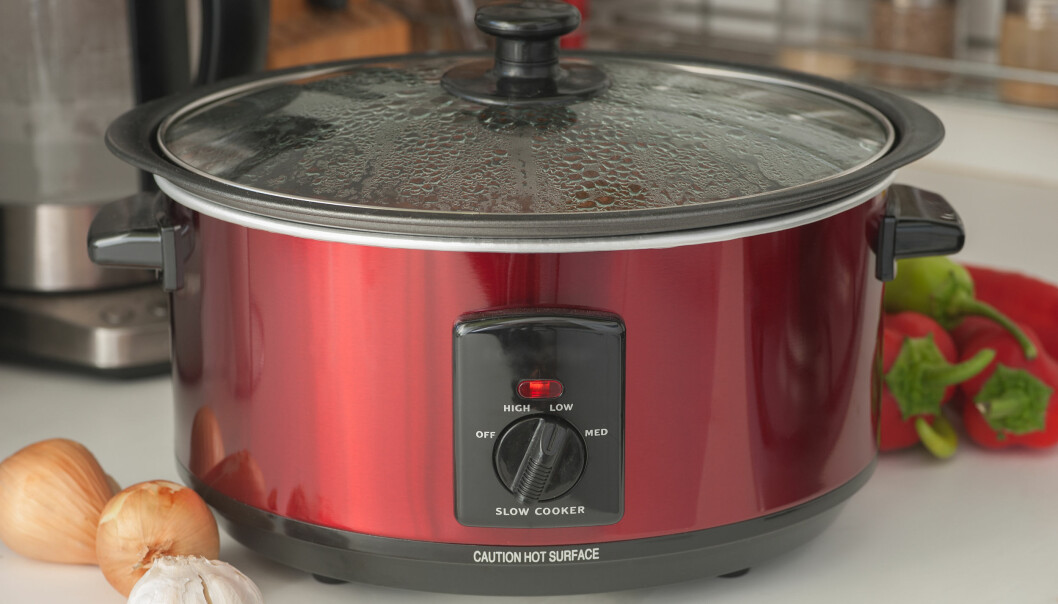 I en slow cooker, eller långsamkokare, kan du tillaga både kött och grönsaker. En röd slow cooker med lock.