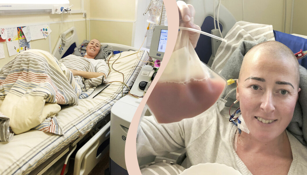 Delad bild. Till vänster ligger Eva N. Farias leende i sängen på ett sjukhus. Till höger syns Eva i närbild i sjukhussängen och hon håller upp en påse med rosa vätska. Hennes hår är borta efter cellgiftsbehandlingar.
