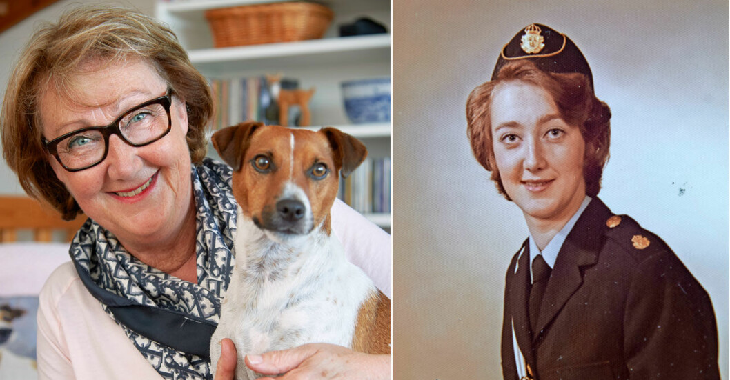 Delad bild, till vänster polisen Ewa-Gun Westford med hunden Allan, till höger, Ewa-Gun som nyutexaminerad polis år 1974