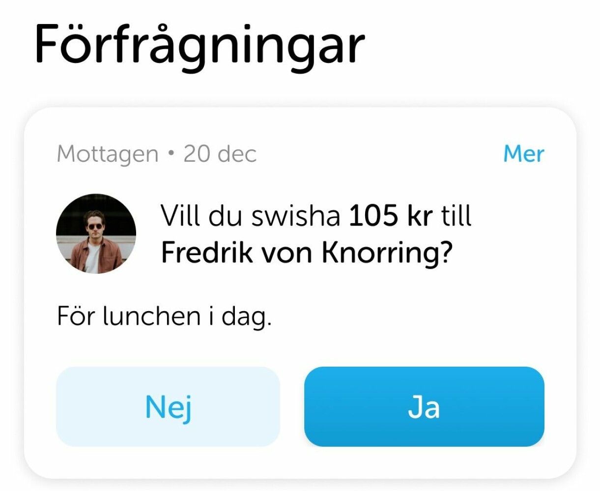 Exempel hur en betalningsförfrågan ser ut i Swish