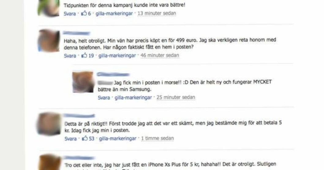 På hemsidan finns ett flertal falska Facebook-konto med positiva kommentarer. Foto: Montage På hemsidan finns ett flertal falska Facebook-konto med positiva kommentarer.