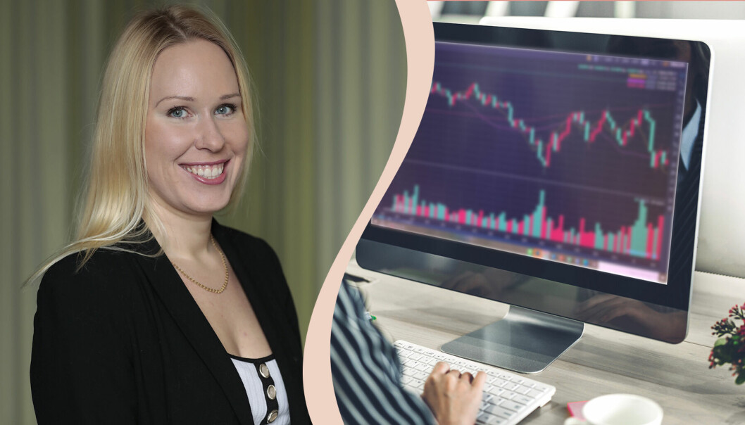 Experten Mirja Bokholm och en dator med börskurva på.