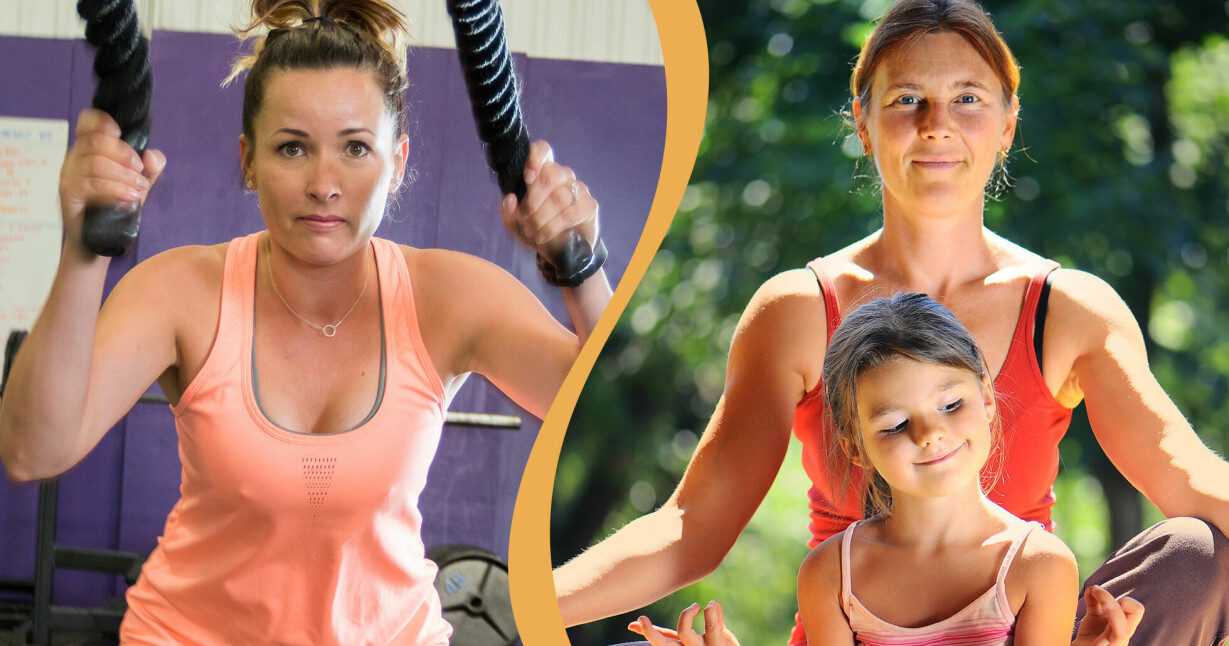 Till vänster: Kvinna tränar cross fit. Till höger: Mamma tränar yoga med sitt barn.
