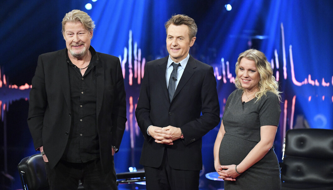 Fredrik Skavlan, Rolf Lassgård och Carina Bergfeldt på inspelning av Skavlan.
