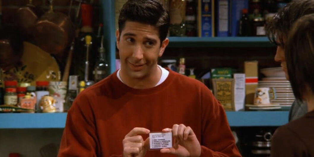 David Schwimmer som Ross Geller i <em>Vänner</em>. Med den laminerade listan. David Schwimmer som Ross Geller i Vänner.
