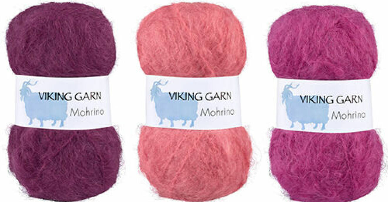 Garn Mohrino i mohair och merinoull från Viking Garn i färgerna aubergine, mörk cerise och korall
