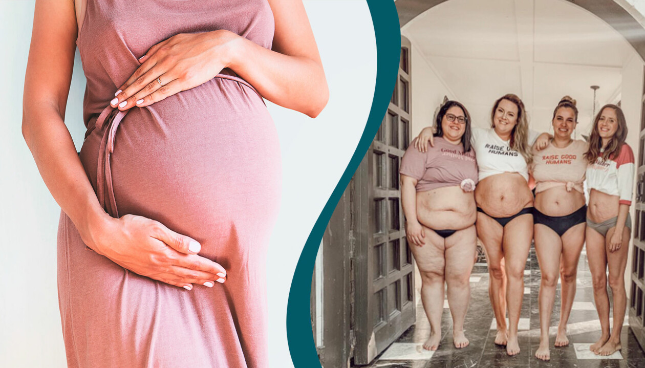 Gravid kvinna håller om magen, kvinnor visar upp sina kroppar efter förlossningar.
