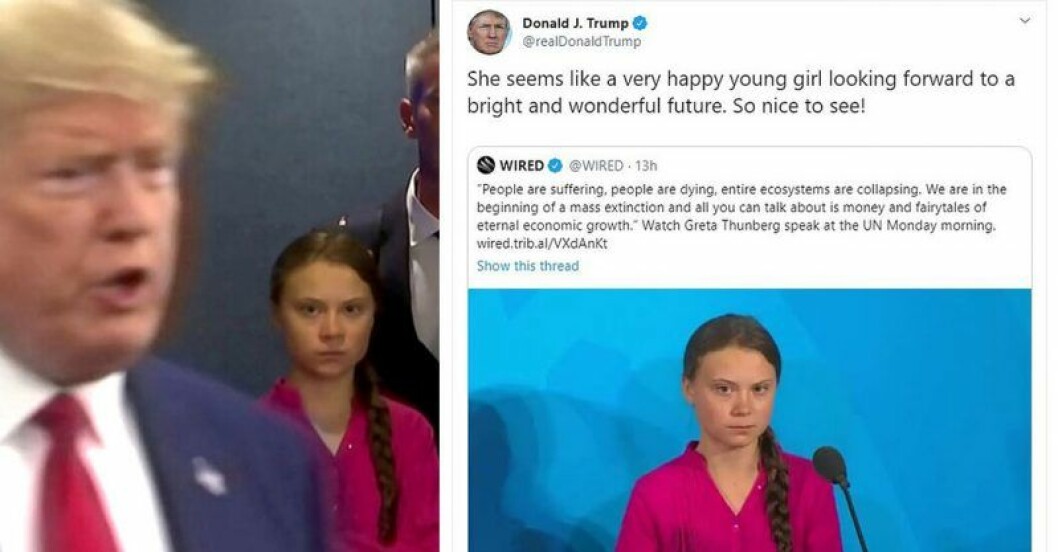 Gretas kyliga blick fick Trump att ironisera på Twitter. greta thunberg vs donald trump