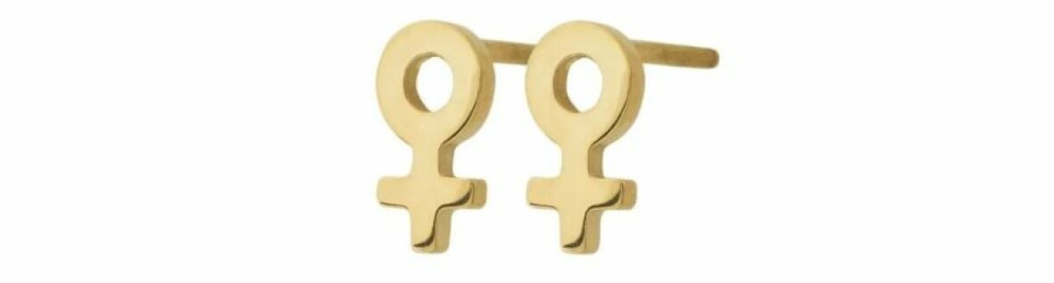 Guldörhängen med kvinnosymbol.