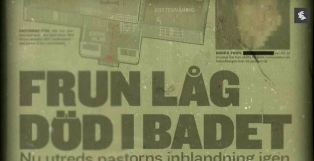 Tidningssida med texten "Frun låg död i badet."