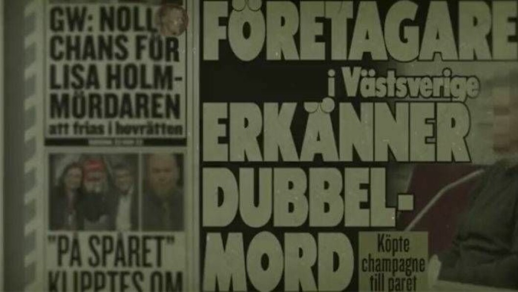 Finansförvaltaren började svindla sina kunder på pengar. För att undgå upptäckt slog han ihjäl två par. Foto: TV 4 Foto av framsida av tidning.
