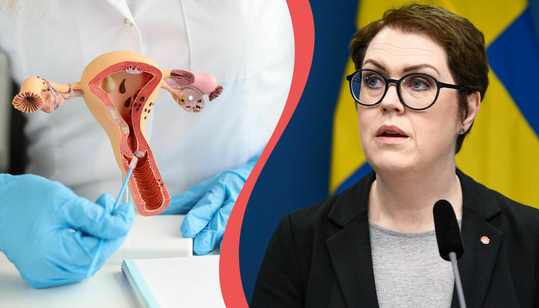 Delad bild. Till vänster en modell av en livmoder inne på en gynekologimottagning. Till höger Lena Hallengren 2022.