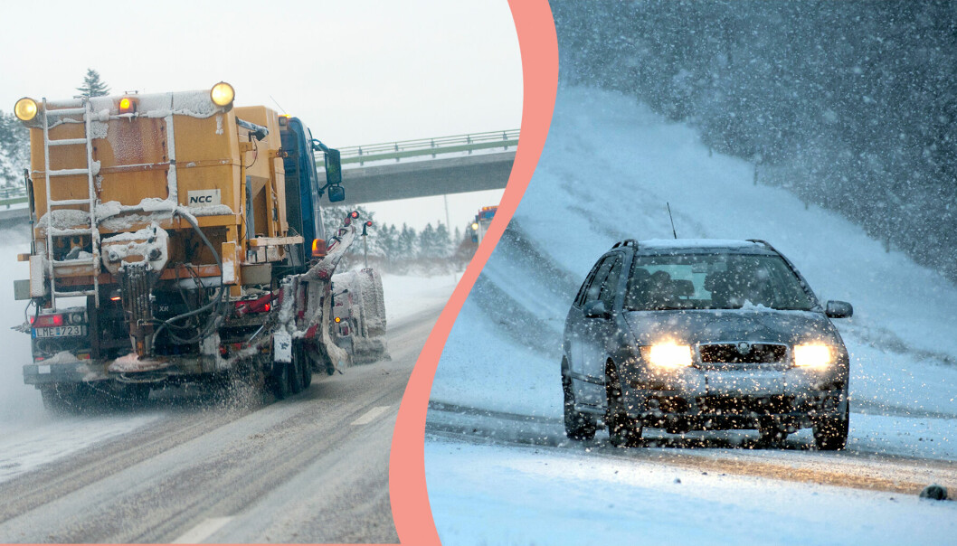 Till vänster, en plogbil som röjer på en större väg, till höger, en personbil på väg upp för en backe i snöoväder.