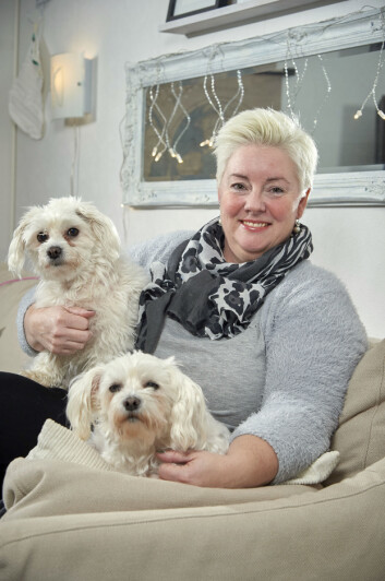 Malteserhundarna Fanny och Sari håller matte sällskap i soffan. Foto: Stefan Lindblom Ulrika kvinna sitter i soffan med två malteser-hundar i knät.