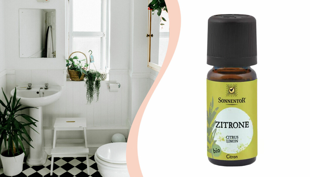 Montagebild på ett badrum till vänster och en flaska med eterisk olja i doft citron till höger.