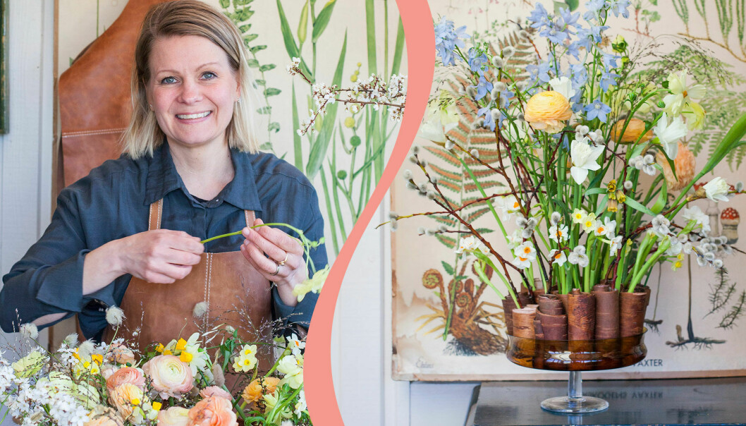 Floristen Heidi Mikkonen/ arrangemang med vårblommor i.