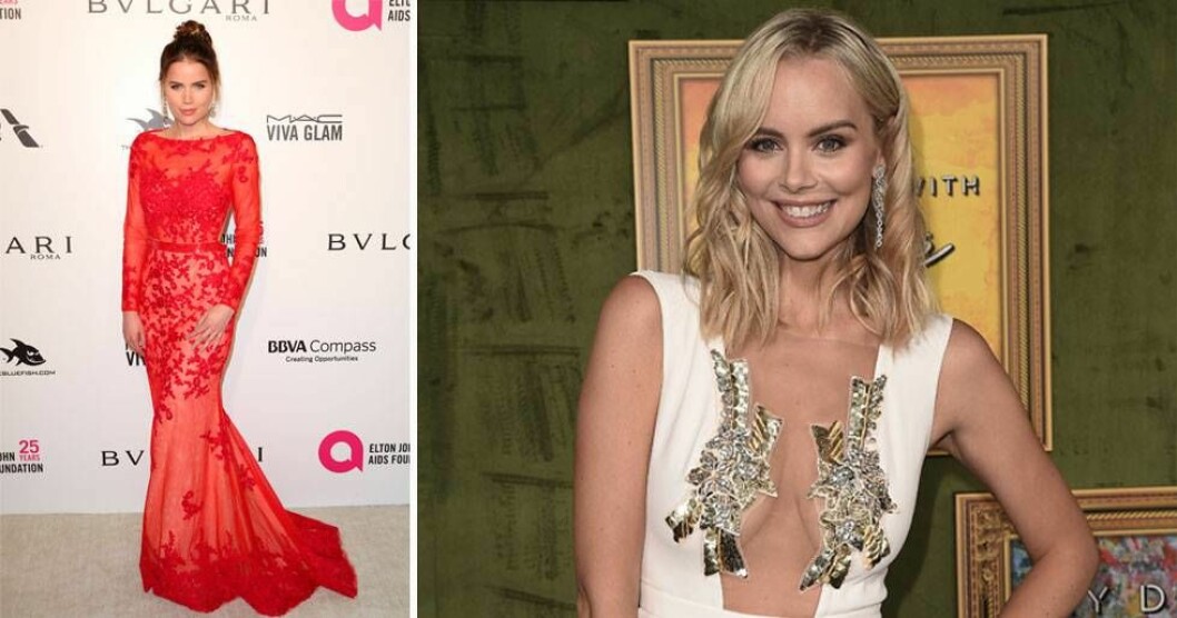 Sofia Mattsson på en välgörenhetsfest i samband med Oscarsgalan förra året och Helena Mattsson på premiären av My Dinner with Hervé där hon spelar en ung Britt Ekland. Foto: Shutterstock/TT Sofia och Helena Mattsson i galaklänningar.