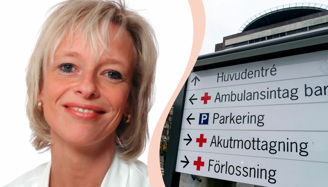 Delad bild. Till vänster överläkaren Helena Strevens. Till höger en skylt utanför sjukhuset i Lund som visar besökarna var olika avdelningar ligger.