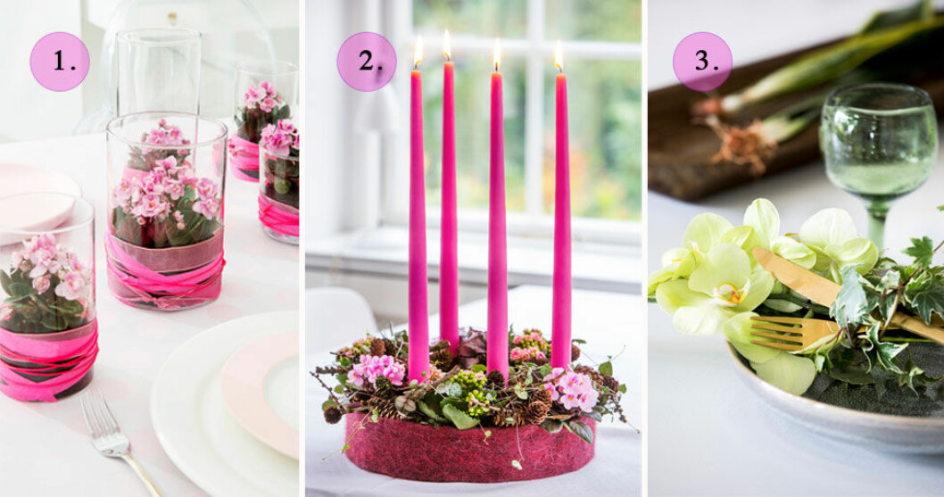 Festligt värre! Små blommor i glasvaser, en arrangerad ljusgrupp eller ett par orkidéer på tallriken ger dukningen det lilla extra. Blomsterarrangemang på dukade bord.