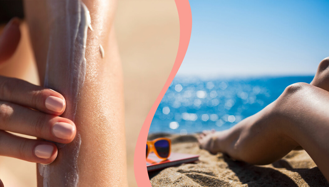 Till vänster, kvinna smörjer på solkräm på stranden, till höger, kvinna solar på stranden