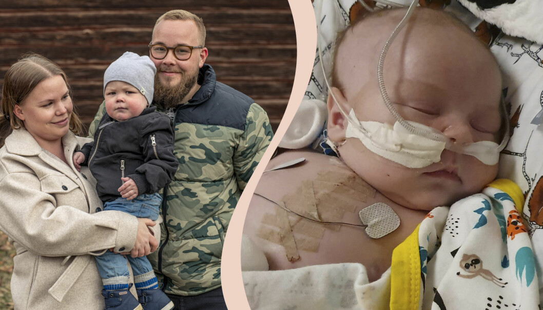 Hugo föddes med ett hjärtfel och var nära att dö strax efter födseln, här med föräldrarna Evelina och Hampus Lång i Timrå.