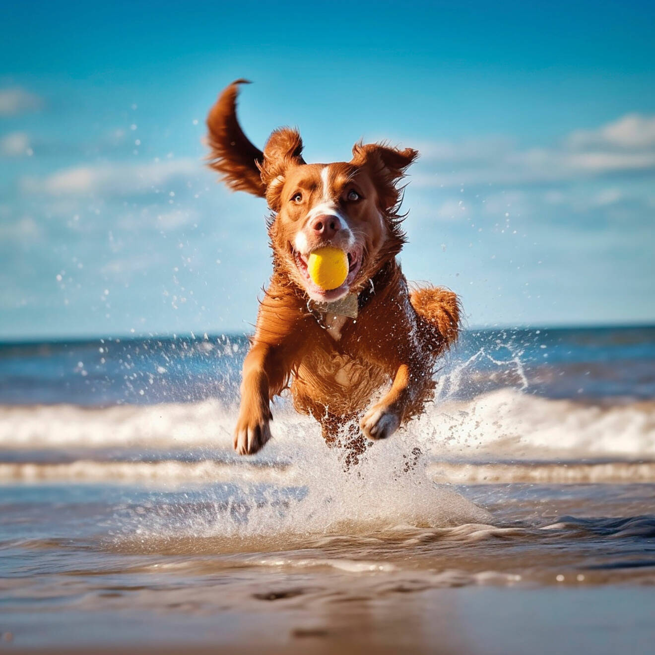 hund leker i vattnet sommar