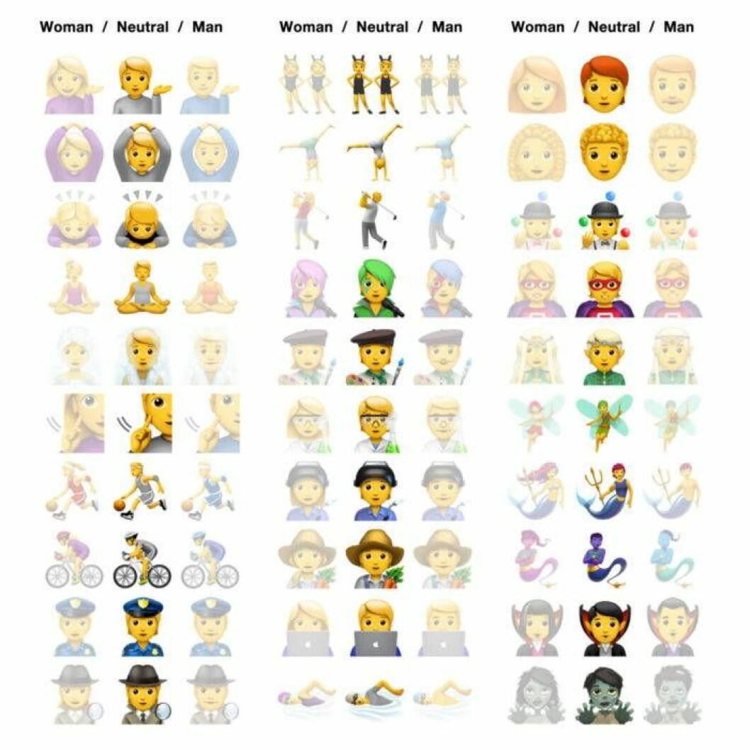 Alla personemojis finns nu som en icke-binär variant. De nya icke-binära emojisarna.