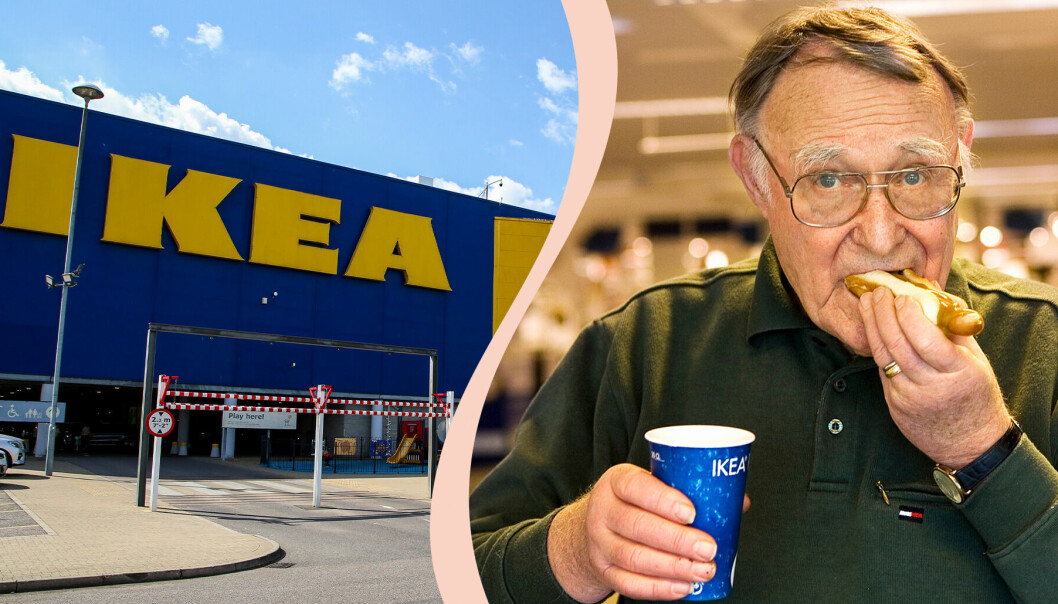 Till vänster: Bild på Ikeas varuhus. Till höger: Bild på grundaren Ingvar Kamprad som äter varmkorv inne på Ikea.