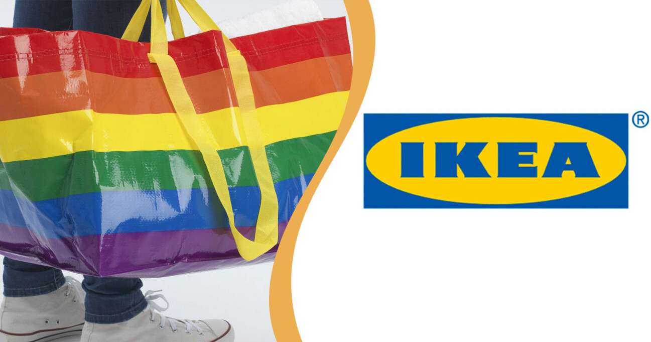 Ikea logga samt pridebärkassen Storstomma – Frakta i regnbågsfärger