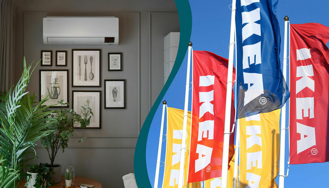 Delad bild. Till vänster en bild på en luftvärmepump installeras i ett hem med gråmålad vägg och en grupp tavlor undertill. Till höger Ikea-flaggor som vajar i vinden.