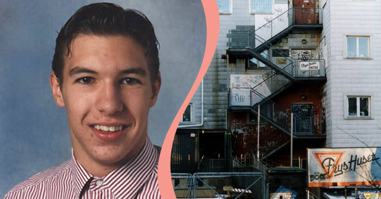 Ett skolfoto på 16-åriga Anders Gustafsson som blev mördad på nyårsafton 1994, samt en bild på Fryshuset från samma år.