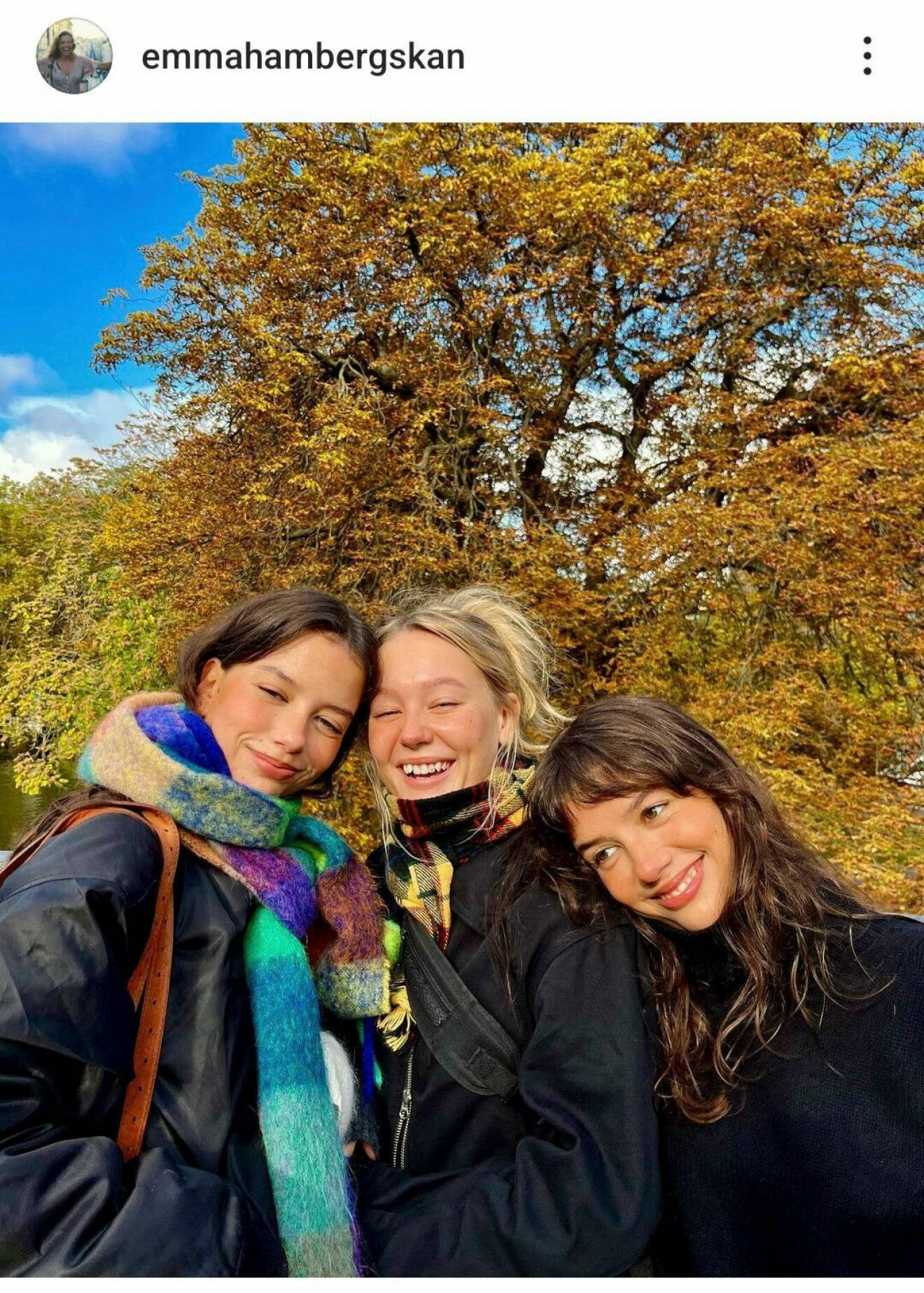 Författaren Emma Hambergs tre döttrar Ditte, Saga och Nåmi står tätt intill varandra, utomhus en vacker höstdag.