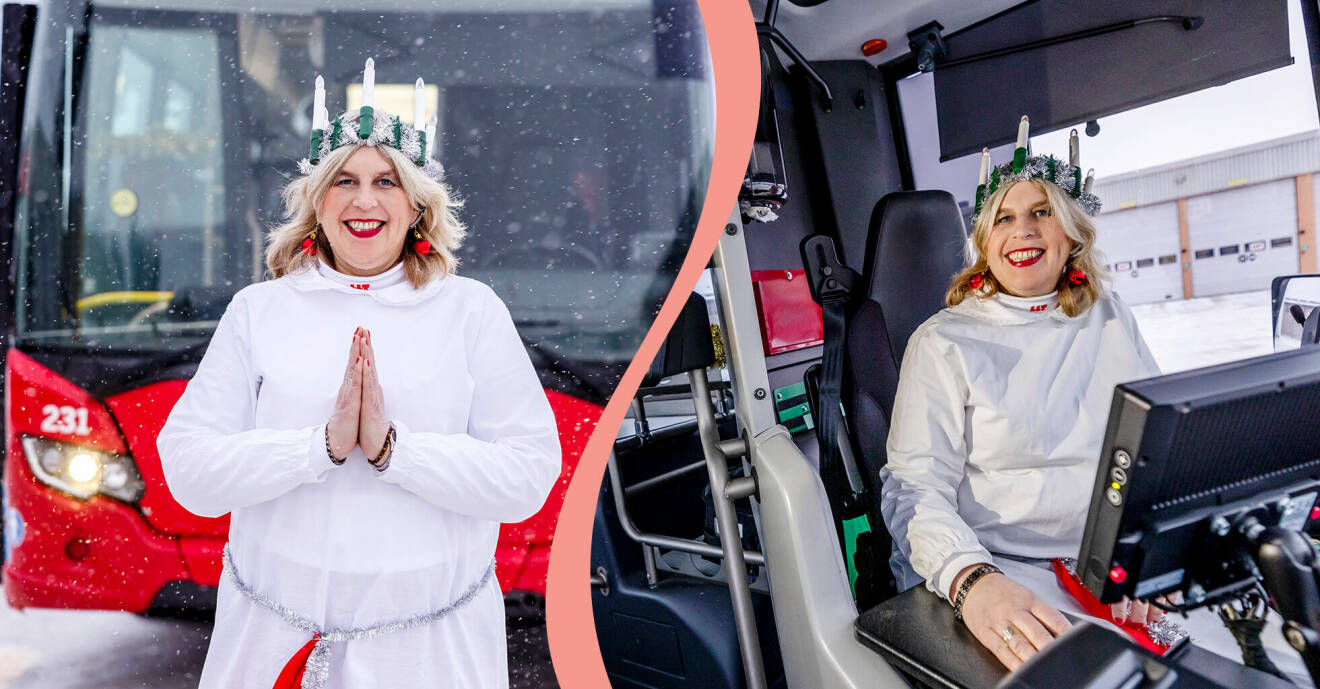 Två bilder på Anette Glad, Luleås busslucia. En bild är tagen utomhus i snön framför bussen. Hon står med händerna ihop. På den andra bilden sitter hon i förarsätet på bussen.