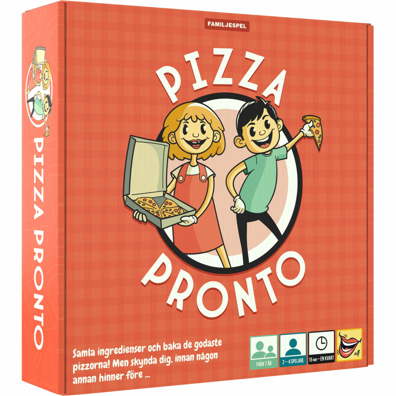 En förpackning på ett sällskapsspel som ser ut som en pizzakartong