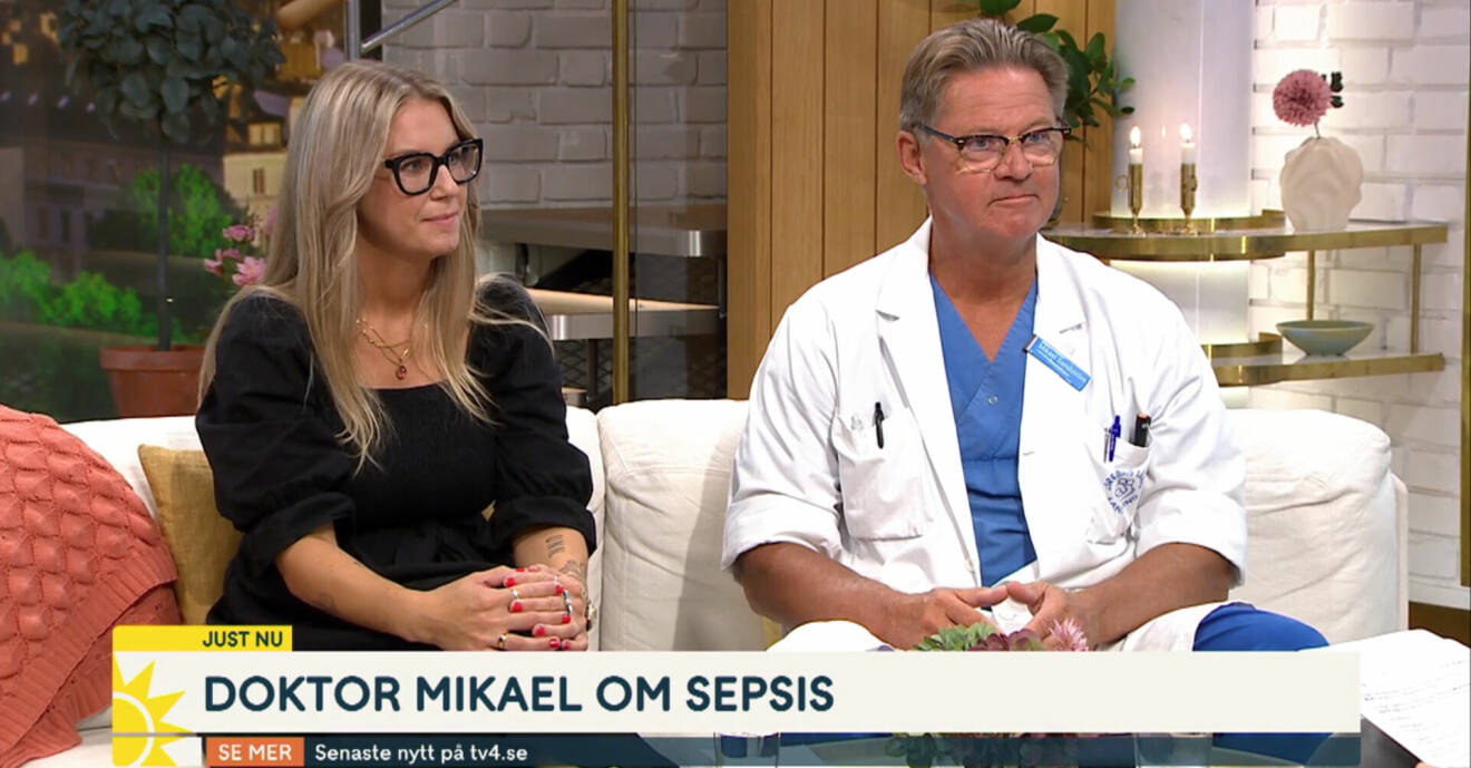 Miranda Bjesse sitter i TV4:s Nyhetsmorgon. Bredvid henne sitter ”Doktor Mikael”, Mikael Sandström.